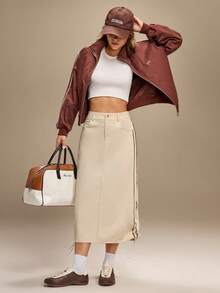 Hanevo Women's Casual Sports Snap Button Slant Pocket Side Ruched Slit Skirt - Apricot - View 3