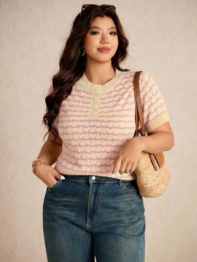 Elaquor Plus Size Elegant French Casual Shell Texture Hollow Out Breathable Summer Knit Hollow Short Sleeve Top For Women