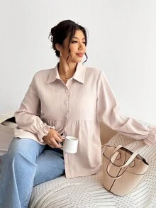Lounesse Chemise décontractée à manches longues et ample avec boutons pour femmes grandes tailles, blouse grande taille pour un port quotidien - Nude - Voir 6