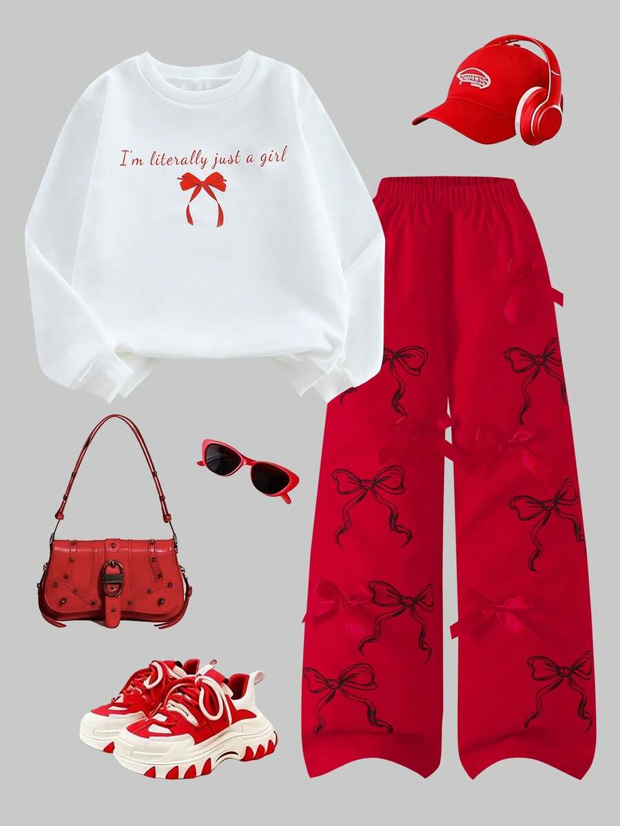 SHEIN Sparklyn 8-12 Years Old Girls Cute Fashion Casual Style White Round Neck Sweatshirt With Pink Letter & Bow Print, Paired With Pink Drawstring Waist Pants, 2Pcs Set - Red - View 1