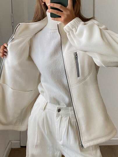 DAZY Chaqueta de sudadera de forro polar casual para mujer, corte holgado, cuello vuelto, otoño/invierno