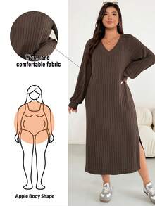 Shapeblank 大码女装秋冬时尚休闲宽松舒适日常基本百搭修身深棕色拉绒保暖面料 V 领长袖中长连衣裙，秋季服装，简约风格，棕色连衣裙