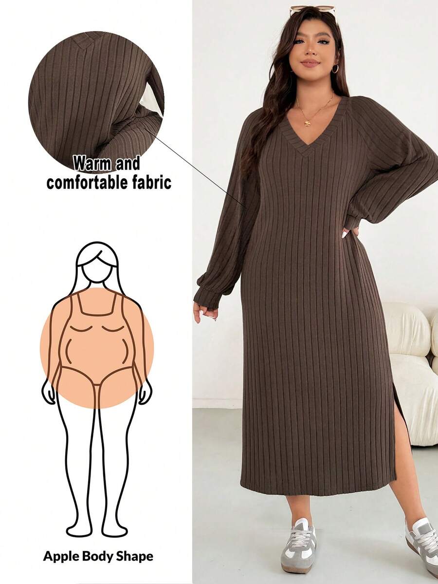Shapeblank 大码女装秋冬时尚休闲宽松舒适日常基本百搭修身深棕色拉绒保暖面料 V 领长袖中长连衣裙，秋季服装，简约风格，棕色连衣裙