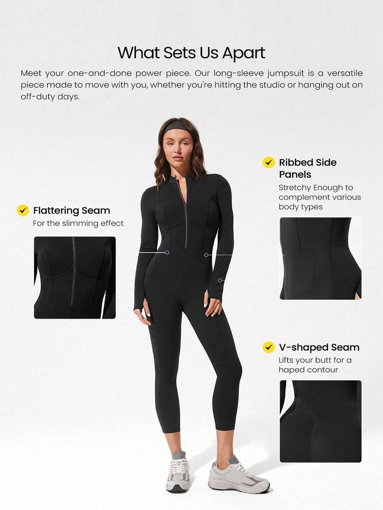 24" FeatherFit™-Air Glow Giver Combinaison à manches longues respirante et absorbante à fermeture éclair frontale, avec panneaux côtés côtelés, coutures galbantes, pouce-trous et échancrure dorsale en V profond. Bonnets amovibles. Tenue active à faible impact pour un usage quotidien