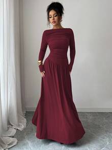 Elenzga 女士牛奶丝针织弹力露肩褶裥前腰A字宽松长袖连衣裙，优雅法式浪漫风，适合办公室、通勤、街头穿着、冬季穿着，百搭实用 - 酒紅色 - 查看 7
