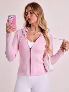SHEIN Sovereign Charm Solid Color Casual Slim-Fit Versatile Regular Fit Long Sleeve Hooded Sweater For Women Cardigan For Women Gym Pink Women - Pink - View 4