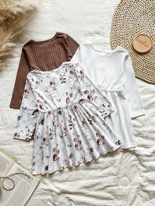Vintaside Kids Vestido de tres piezas dulce y lindo para bebé niña, de cuello redondo, de manga larga y a rayas multicolor, para otoño e invierno. El estilo de unicolor es simple y elegante, con un ajuste suelto y cómodo. Está completamente estampado con lindos patrones de animales como patitos y ardillas, y la decoración con hebilla de estampado de leopardo adorna el pecho. - Multicolor - Ver 2