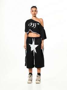 SUMWON WOMEN Off Shoulder Gothic Print Cropped Top With Raw Edge Details - Black - View 3