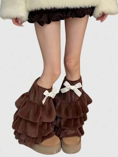 Kawaii 1 Paar kaffeebraune, mehrlagige Spitzen-Patchwork-Schleife-Dekor Stulpen, Y2K Retro Chic minimalistisches Design, geeignet für den täglichen Gebrauch, Schule, Dates, Einkaufen, Reisen und andere Anlässe