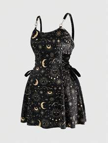 ROMWE Goth Váy bó sát in nhung Punk Sun & Moon cỡ lớn thiết kế buộc dây dành cho nữ - màu đen - Xem 1
