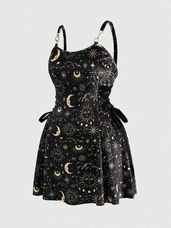Goth Plus Size Punk Sun & Moon Velvet Print Lace-Up Design Bodycon Dress For Women