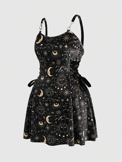 Goth Plus Size Punk Sun & Moon Velvet Print Lace-Up Design Bodycon Dress For Women