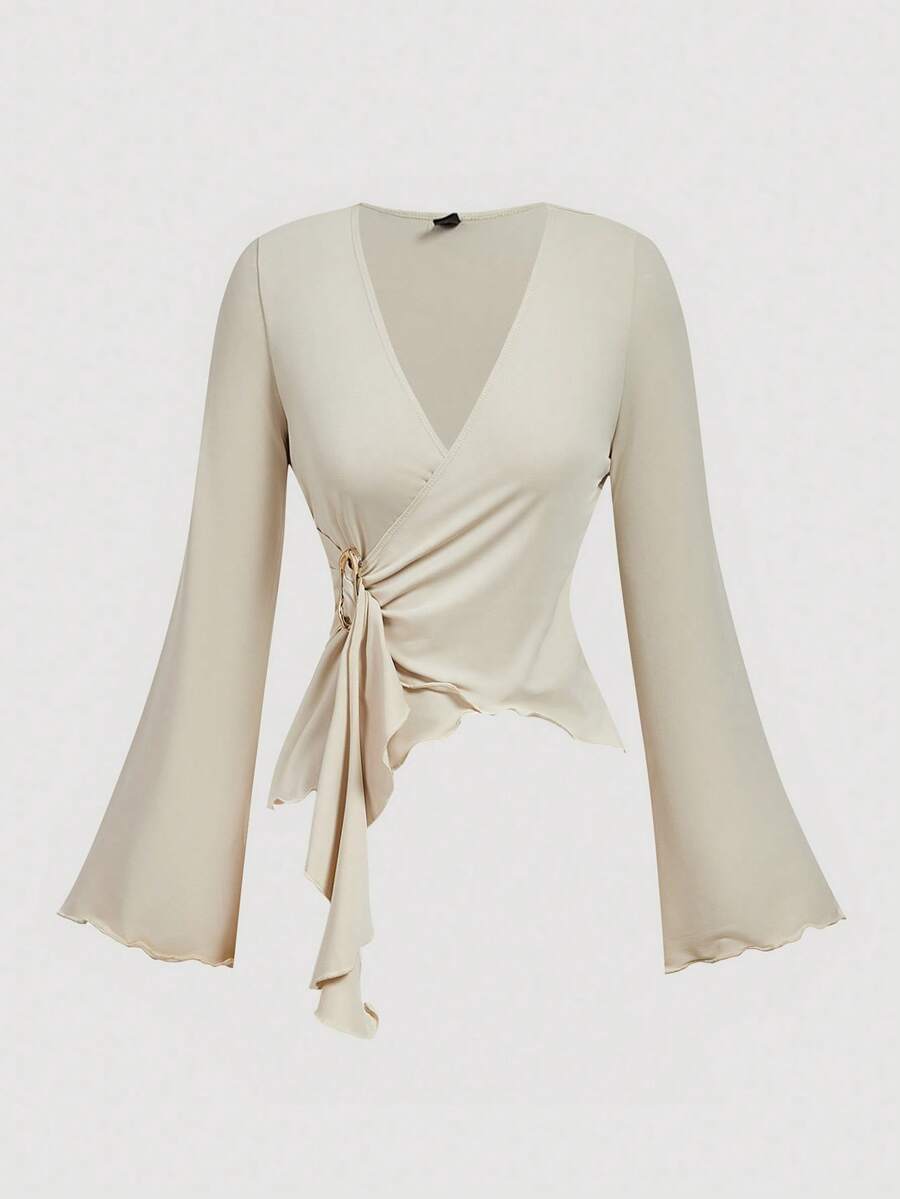 SHEIN MOD Áo thun nữ cổ bẻ tay chuông xếp nếp màu trơn thanh lịch, sang trọng, thời trang xuân/thu - Màu be - Xem 1