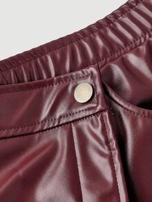 SHEIN MOD Quần short xếp lớp màu nâu cổ điển cỡ lớn bất đối xứng - Phong cách đại học, thập niên 70, thường ngày, thoải mái, đi làm, phong cách quý tộc, phù hợp để mặc đi học, dạy học và công sở - Màu Đỏ Sâu - Xem 3