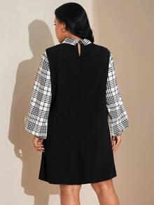 SHEIN Tall CURVE 大码女式黑色毛绒罗纹拼接袖白色纯色衬衫领设计长袖连衣裙，秋冬连衣裙 - 彩色 - 查看 2