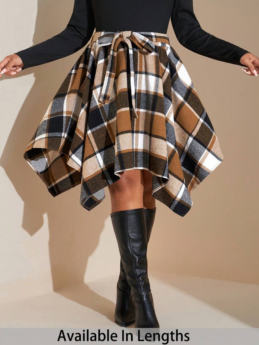 SHEIN Tall CURVE Chân váy kẻ caro viền bất đối xứng cỡ lớn dành cho nữ - Nhiều màu - Xem 1