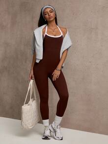 Dewbera 2025性感露背女式吊带背心弹力细肩带夏季运动装休闲度假装 - 棕色 - 查看 5