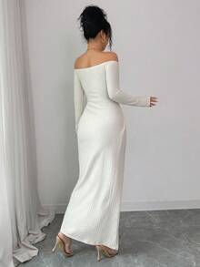 Rafferiza 优雅露肩束腰金属装饰派对连衣裙，适合秋冬季女士 - 杏色 - 查看 2