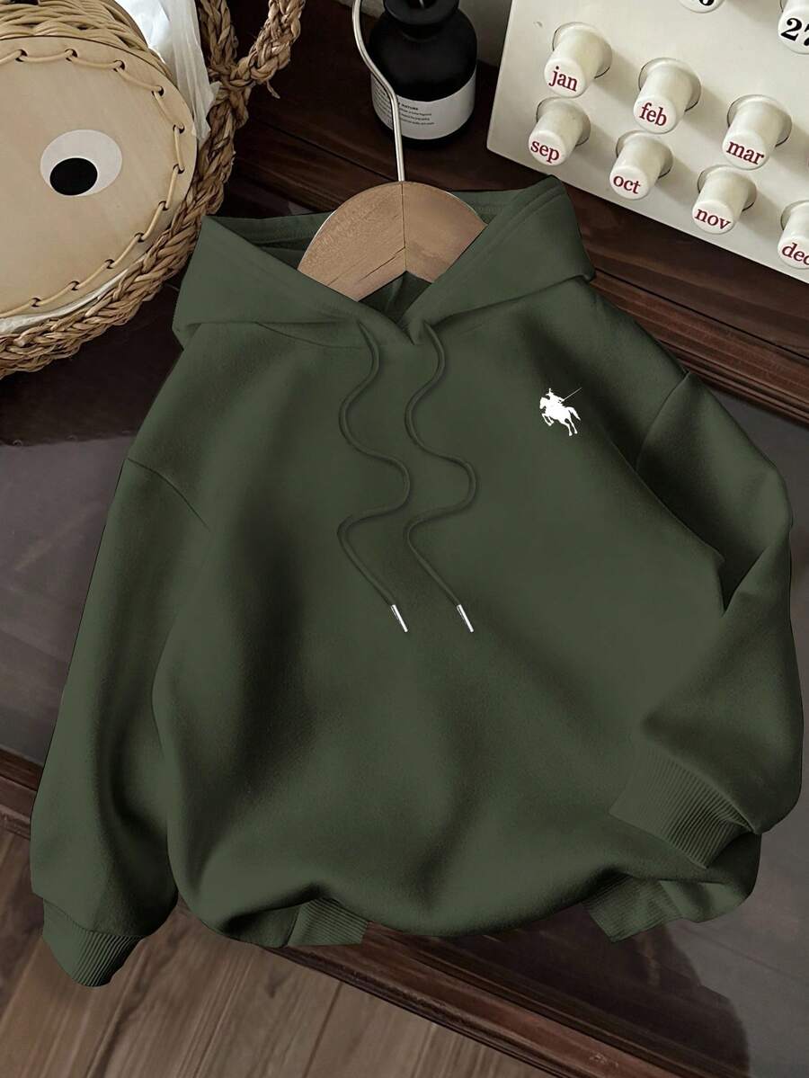SHEIN EZwear 休闲简约印花图案连帽长袖宽松厚款卫衣,适合秋冬季女士 - 軍綠色 - 查看 1