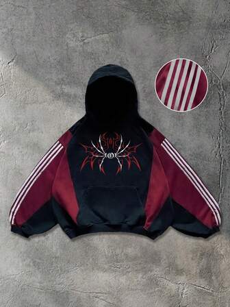 Street Life Men's Patchwork Contrast Color Hoodie, Loose Cropped Style, Fall