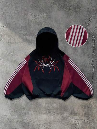 Street Life Men's Patchwork Contrast Color Hoodie, Loose Cropped Style, Fall