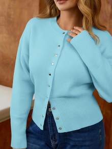 Elaquor Plus Size Solid Color Round Neck Front Button Casual Long Sleeve Cardigan/Winter - Dusty Blue - View 2