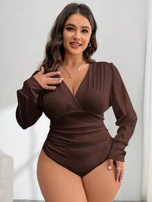 SHEIN Essnce 大码女式连体衣，白色上衣，可爱套装，外出上衣，情人节套装，春季外出套装，度假套装，女士外出上衣，女士休闲上衣/冬季 - 巧克力棕 - 查看 5