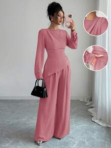 SHEIN Raffinéa 2 件女士纯色褶皱下摆不对称下摆长袖套装端庄两件套 2 件休闲套装女士两件套女士优雅长袖女士优雅 - 藕粉色 - 查看 8