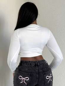 Alexandranx 3D Body Print Crop Round Neck Long Sleeves Spring Tee - White - View 2