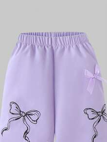SHEIN Sparklyn 8-12岁女童可爱时尚休闲风白色圆领卫衣，粉色字母蝴蝶结印花，搭配粉色抽绳腰裤，两件套 - 紫色 - 查看 3