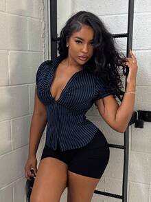 Alexandranx Áo cánh tay ngắn sọc đen trắng phong cách Mỹ cổ điển, ôm vừa vặn & bó eo, thiết kế độc đáo, đa năng dành cho phái nữ - Màu xanh lam - Xem 6