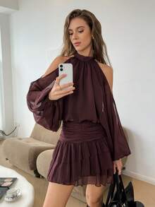 Easowa Mandarin Collar Cutout Shoulder Lantern Sleeve Gathered Hem Cropped Shirt And Multi-Tier Ruffle Hem A-Line Skirt Set, Agra Red Sheer Chiffon Fabric, Casual Relaxed Elegant Office Wear, Autumn/Winter Flowy Short Dress - Burgundy - View 3