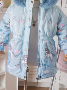 女童冬季羽绒服，加厚保暖内衬，彩色毛领连帽拉链外套，修身腰身，大口袋，儿童冬季羽绒服 - 淺藍色 - 查看 7