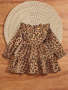 SHEIN Baby Girl Casual Sweet Ruffle Collar Midi Leopard Print Dresscozy Fall & Winter Styles - Multicolor - View 5
