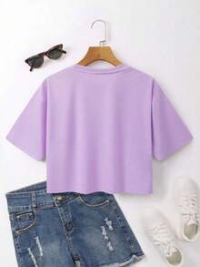 Mujer camiseta casual urbana con estampado animado tejido suave corte holgado cuello redondo manga corta primavera verano uso diario - Morado - Ver 2