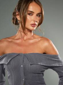 MISSGUIDED Ribbed Off Shoulder Cardigan With Button Front Long Sleeve Knit Top For Fall Winter - Dark Grey - View 5