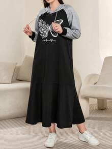 Modelyn Váy dài tay có mũ trùm đầu in chữ và bướm cỡ lớn dành cho nữ, mùa thu/đông - Nhiều màu - Xem 5