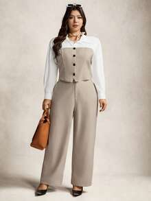 Zelara White,Autumn,Elegant,Formal Plus Size Color Block Long Sleeve Button Front Shirt And Pants 2 Pieces Set Women's Business Casual Commuter Work Attire - Black - View 3