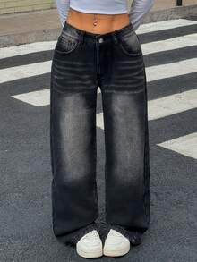 SHEIN EZwear 女式休闲水洗斜口袋宽松直筒牛仔裤，秋季 - 黑色 - 查看 6