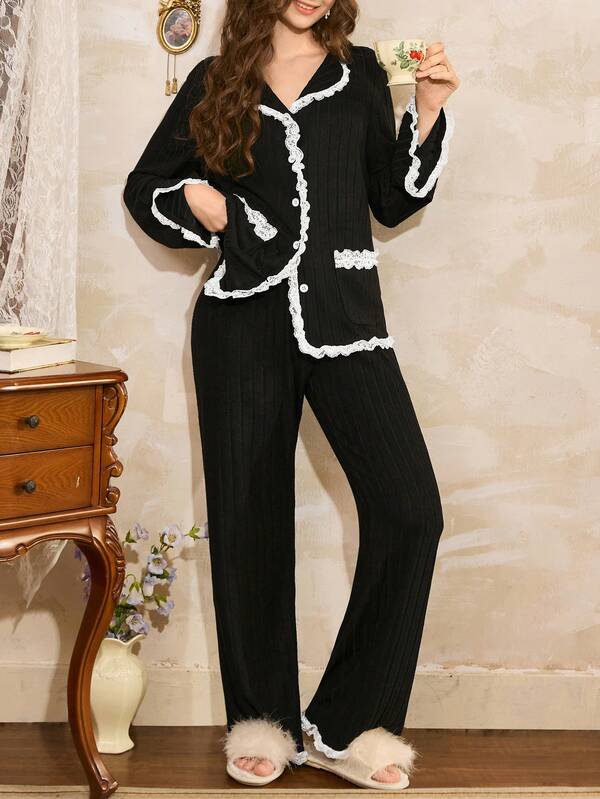 Côtesoire Conjunto de Pijama Feminino Estilo Palácio Elegante Francês com Gola de Renda Tricotada em Contraste de Cores