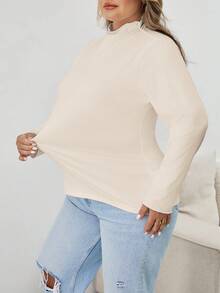 SHEIN CURVE+ 大码女式纯色立领长袖休闲宽松T恤 女式大码上衣 曲线款大码上衣 大码高领上衣 8XL 女装 大码长袖上衣 曲线款上衣 大码上衣 两件套 女式大码曲线款上衣/秋冬 - 杏色 - 查看 9