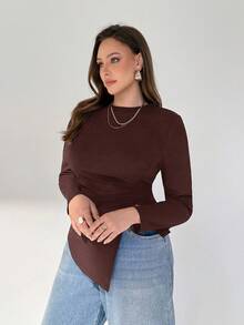 Auralis Topuri de damă plus size, de primăvară și toamnă, la modă, casual, confortabile, cu tiv neregulat, maro, slim, haine de toamnă, topuri pentru ieșiri în oraș, topuri curbate - Maro - Vizualizare 4