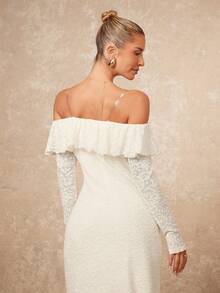 Lumalex Spring Summer 1pc Women's Off-Shoulder Ruffle Trim Bodycon Long Sleeve Dress With Flared Hem Perfect For Summer, Spring-Break Trips, Cruises, Beach Weekends, Vacations, Parties, Date Nights, Weddings, Proms, Banquets, Birthdays, Carnivals, Festivals And Other Holiday Events. Neo-Girly Charm, Boho-Casual Flair, Quiet Luxury, Business Chic, And Relaxed Vacay A Richly Layered, Glitter-Accented Style For Luxury Proms, Receptions, Banquets, Weddings, Raves, Festivals, Holiday Gatherings, And Outdoor Evening Occasions-Ideal Whenever You Need A Sophisticated Yet Striking Party Look - Red - View 7