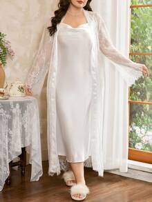 Côtesoire 优雅法式蕾丝睡袍，缎面睡衣套装，适合大码女性 - 白色 - 查看 3