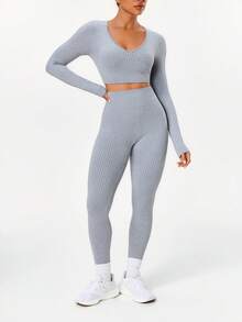 Slayform Women 2pcs/Set Seamless Ribbed V-Neck Long Sleeve Activewear Yoga Running Suit,Athleisure Gym Workout Tights Legging Two Piece Set,Light Grey,Autumn - Grey - View 6