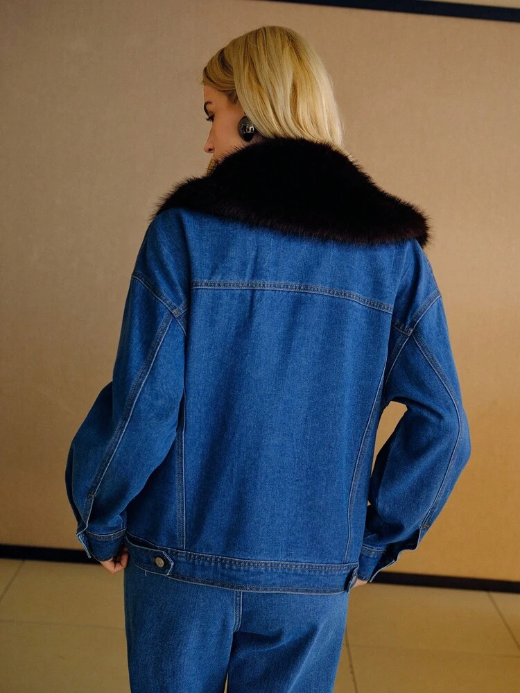 CONTRAST FAUX FUR COLORBLOCK DENIM JACKET