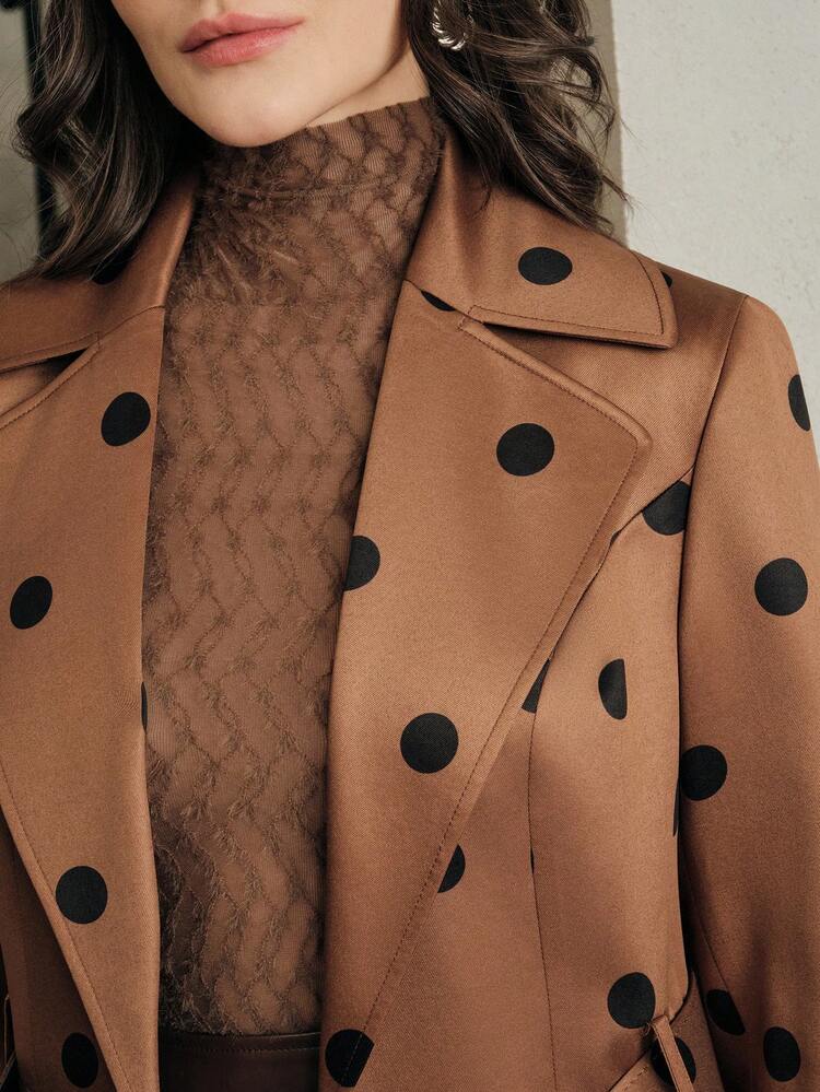 High Quality Fashionable Women's Vintage Minimalist Polka Dot Design Belted Trench Coat, Suitable For Fall, Winter, Spring, New Year, Party, Wedding, Elegant, Chic, Stylish, Christmas, Festival, Holiday
