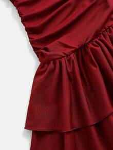 SHEIN Girlism 少女酒红色高领长袖修身伞裙，休闲款 - 酒紅色 - 查看 4