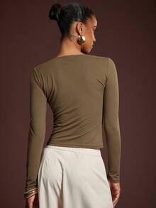 L'Amorae Women's Long Sleeve Top With Metal Decor Button - Green - View 5