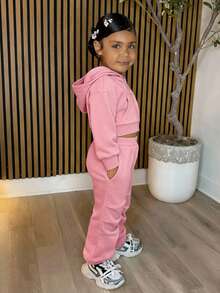 年轻女孩休闲针织连帽运动衫运动衫和抽绳运动裤套装 - 淺粉色 - 查看 5